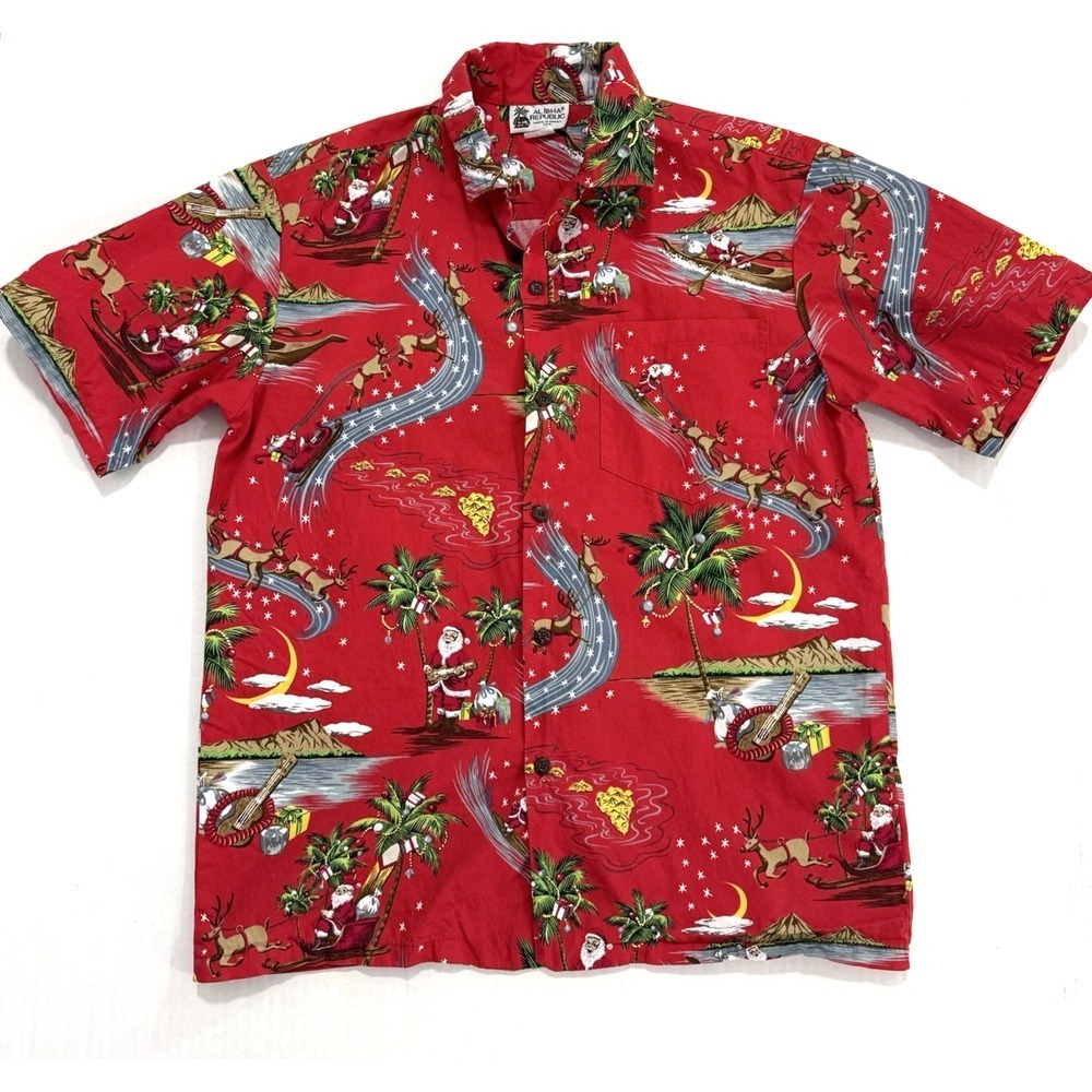 Aloha Republic Santa in Hawaii Shirt Mens M Christmas Holiday Cotton Top